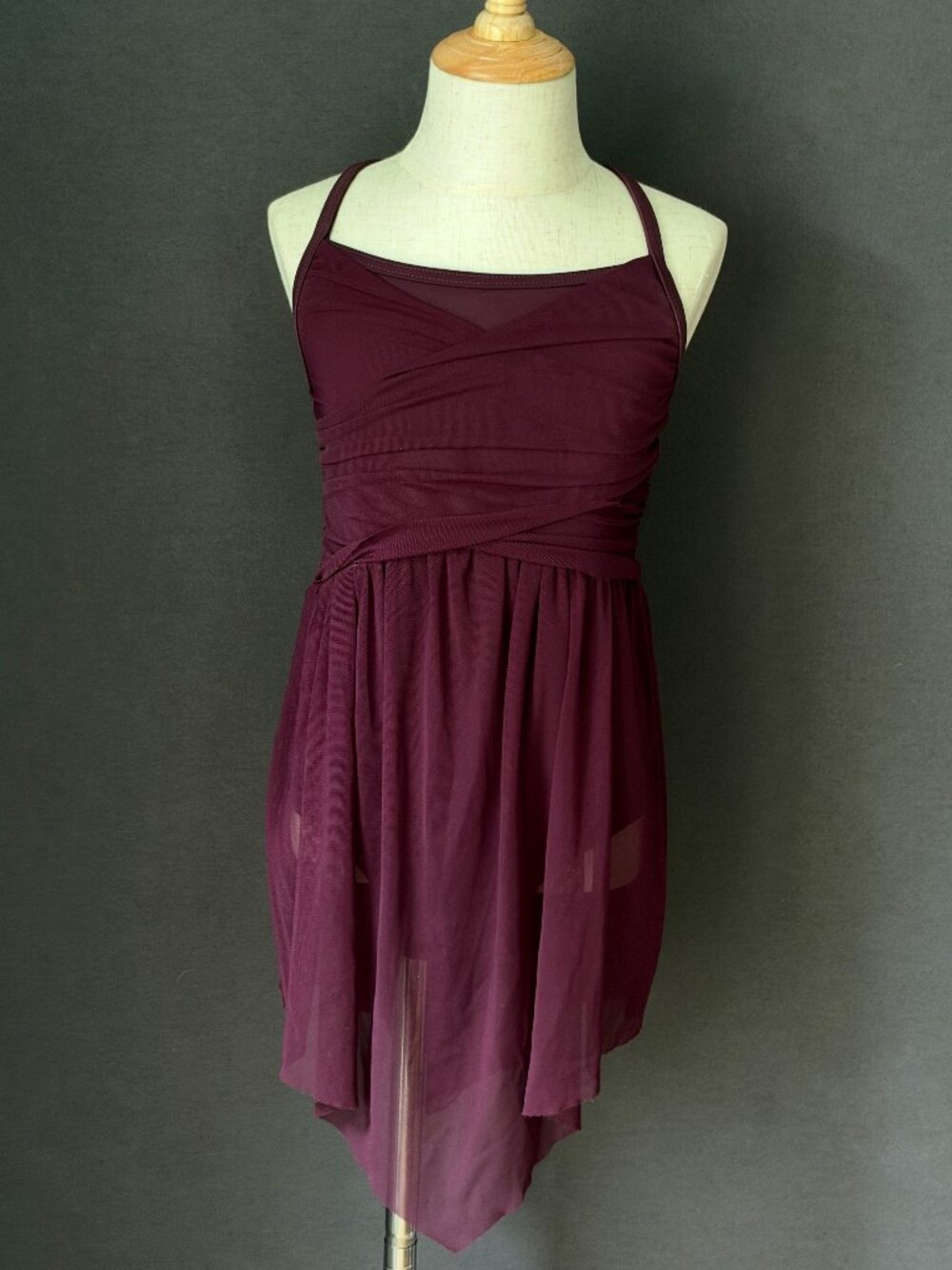 Weissman Plum Shirred Mesh Wrap Crisscross Back Dress Lyrical Dance Costume IC